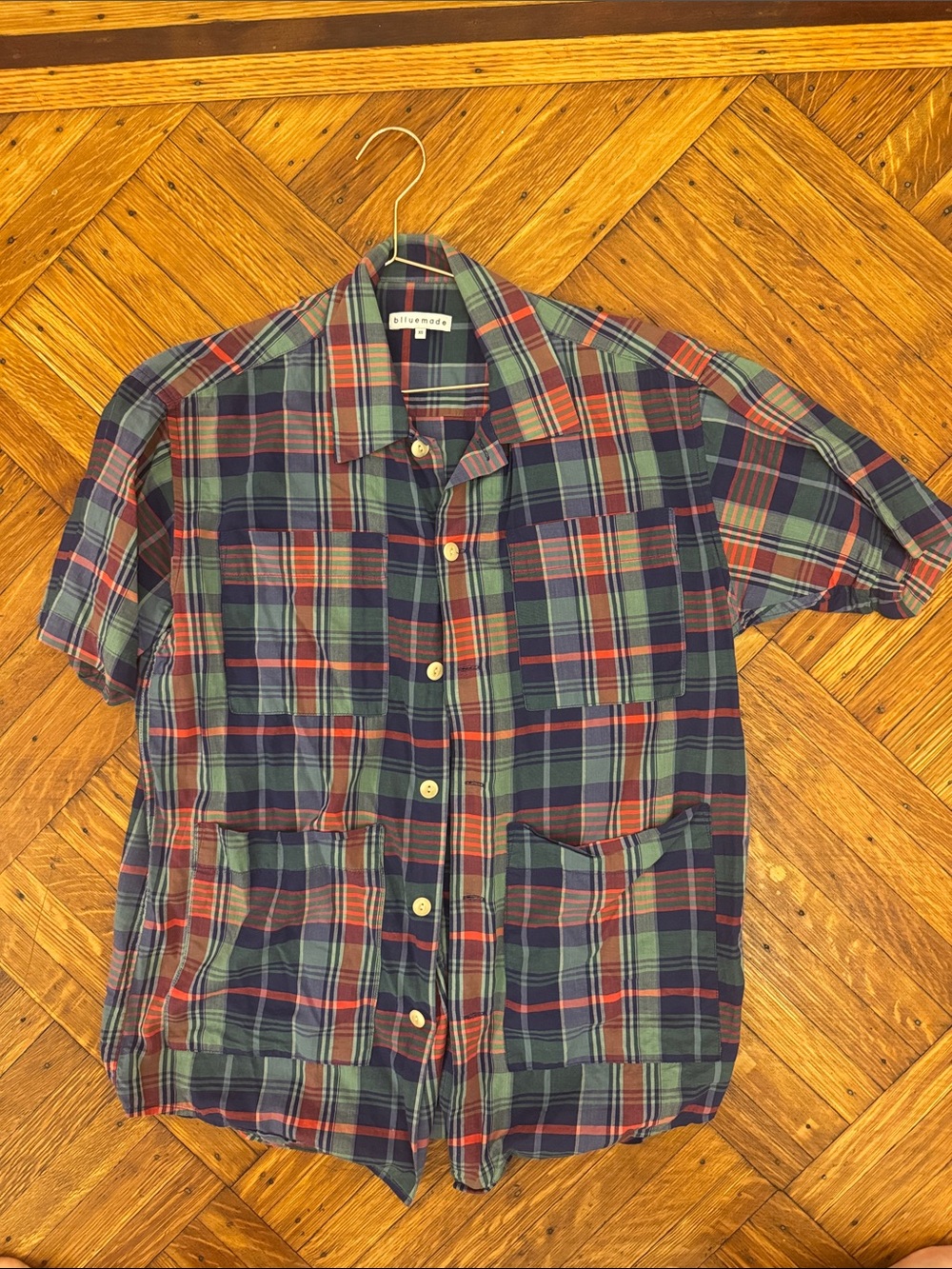 Blluemade Navy, Green & Red Plaid Short-Sleeve Button-Down Shirt